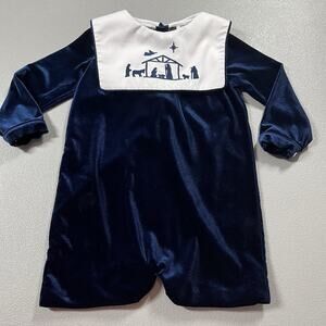 Southern Darlin Smocks 3T Blue Velvet Christmas Nativity Bubble Romper Outfit